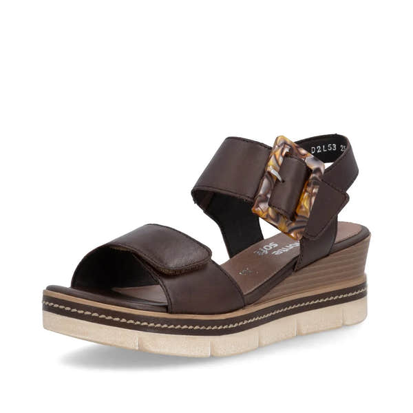 Remonte D2L53-25 women's dark brown leather sandals with touch fastening straps, chunky wedge heel, and patterned buckle detail.