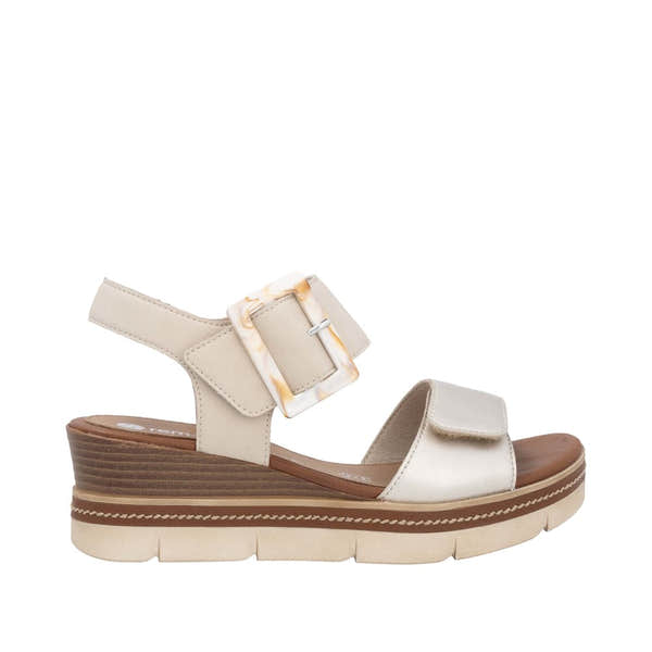 Remonte D2L53-60 Ladies Pale Gold Leather Sandals with touch-fastening straps, chunky wedge heel, and open toe.