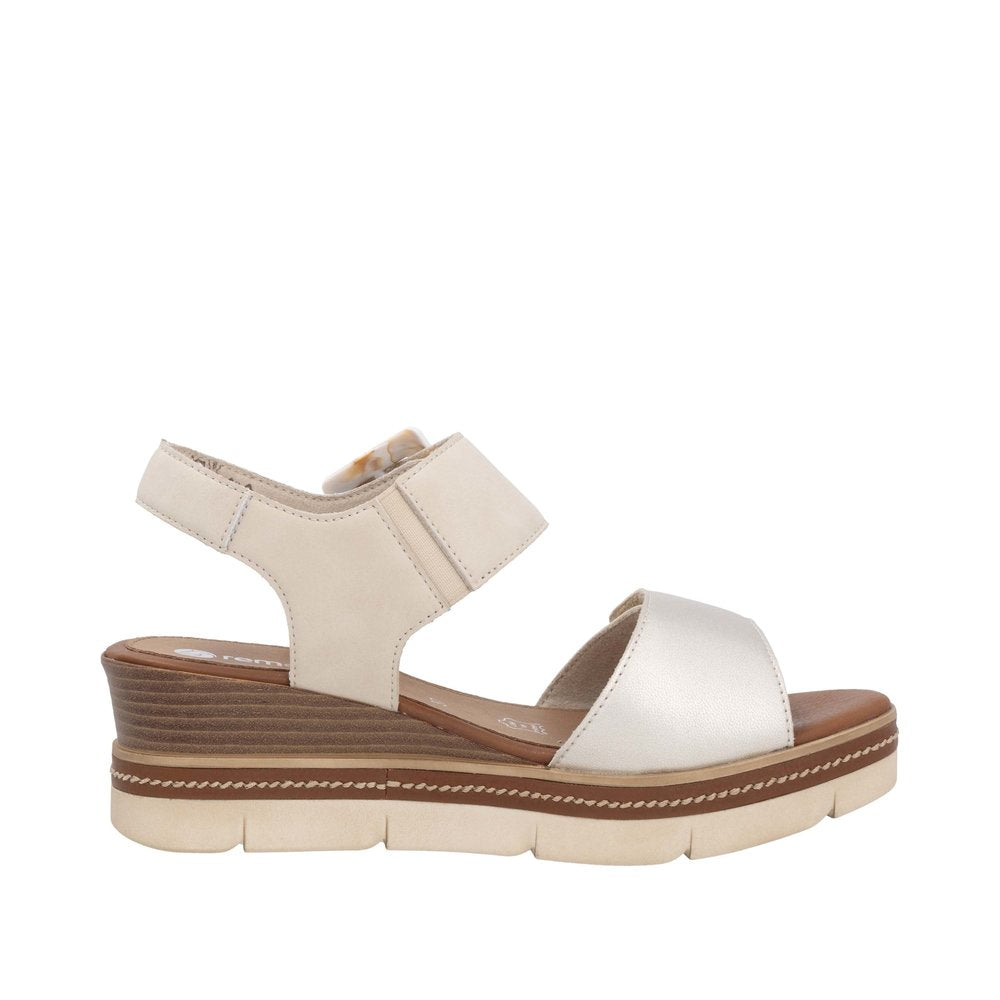 Remonte D2L53-60 women's pale gold leather touch fastening sandals with cushioned sole and wedge heel.