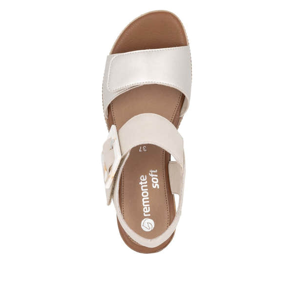 Remonte D2L53-60 women's pale gold leather touch fastening sandals with adjustable straps and cushioned insole.