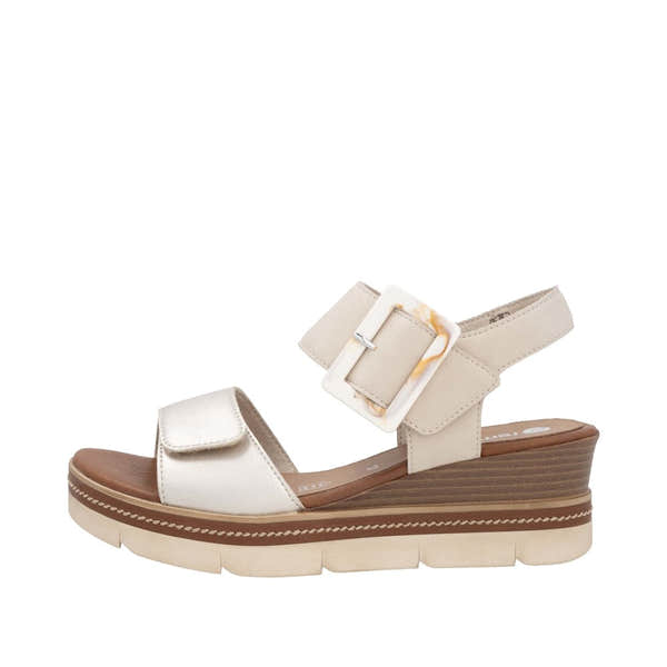 Remonte D2L53-60 Ladies Pale Gold Leather Touch Fastening Sandals with wedge heel and adjustable buckle strap.