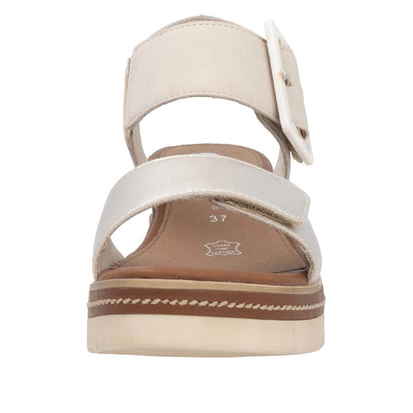 Remonte D2L53-60 feminine pale gold leather touch fastening sandals with buckle strap, cushioned footbed, and platform sole.