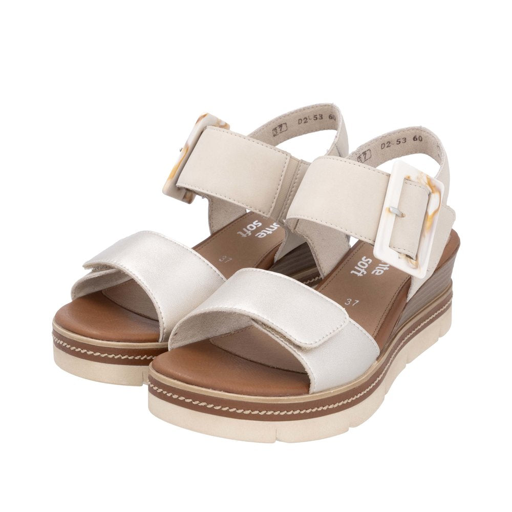Remonte D2L53-60 women's pale gold leather touch fastening sandals with adjustable straps and wooden sole.