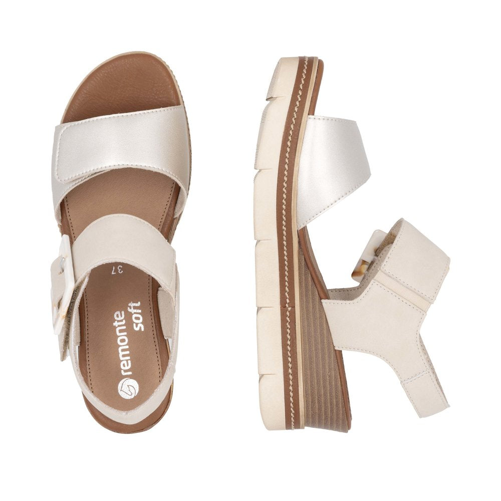 Remonte D2L53-60 women's pale gold leather sandals with touch fastening straps and chunky sole.