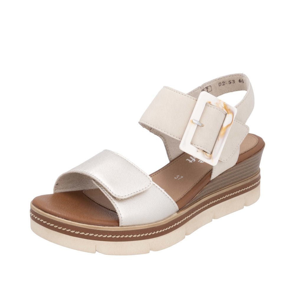 Remonte D2L53-60 women's pale gold leather wedge sandals with touch-fastening straps and buckles.