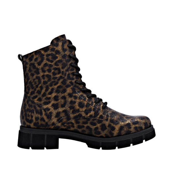 Remonte D2S72-90 women's animal print vegan ankle boots with lace-up, side zip, chunky black sole, and wide fit.