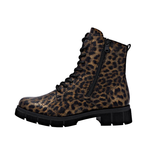 Remonte D2S72-90 women's wide fit animal print vegan ankle boots with zip and lace-up closure, black sole, and stylish leopard pattern.