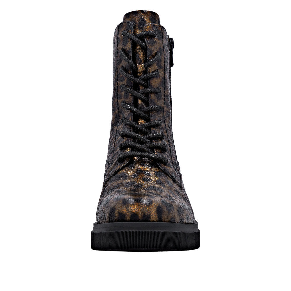 Remonte D2S72-90 women's animal print vegan ankle boots with lace-up front and side zip, stylish wide fit, on black rubber sole.
