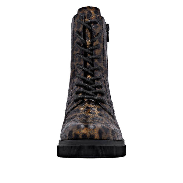 Remonte D2S72-90 women's animal print vegan ankle boots with lace-up front and side zip, stylish wide fit, on black rubber sole.