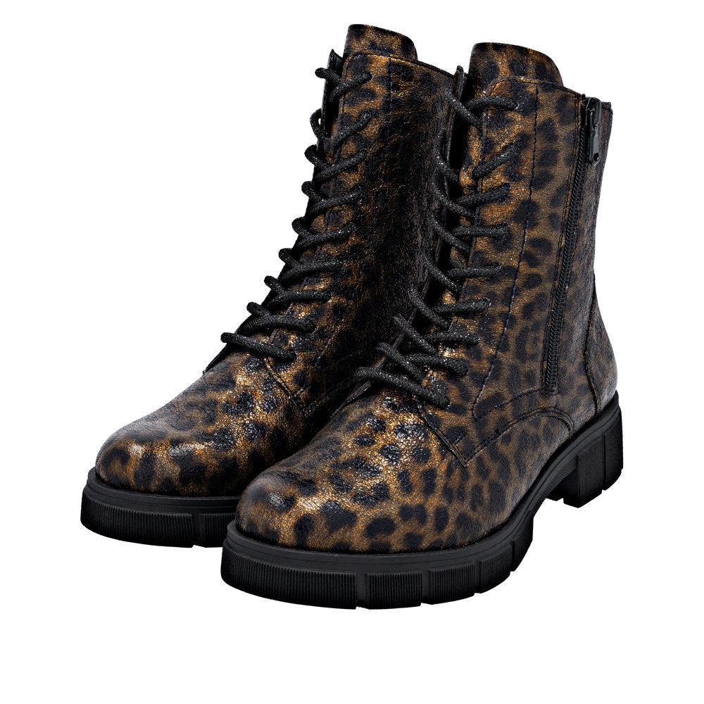 Remonte D2S72-90 women's wide fit animal print vegan ankle boots with zip and lace-up closure, black sole, stylish leopard pattern.