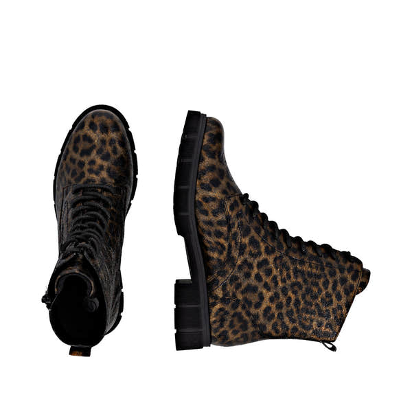 Remonte D2S72-90 women's animal print vegan ankle boots with wide fit, zip and lace closure, black sole, and stylish leopard pattern.