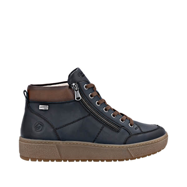 Remonte D2T70-14 women's navy leather ankle boots with water-resistant design, zip and lace-up closure, brown collar, and rubber sole.