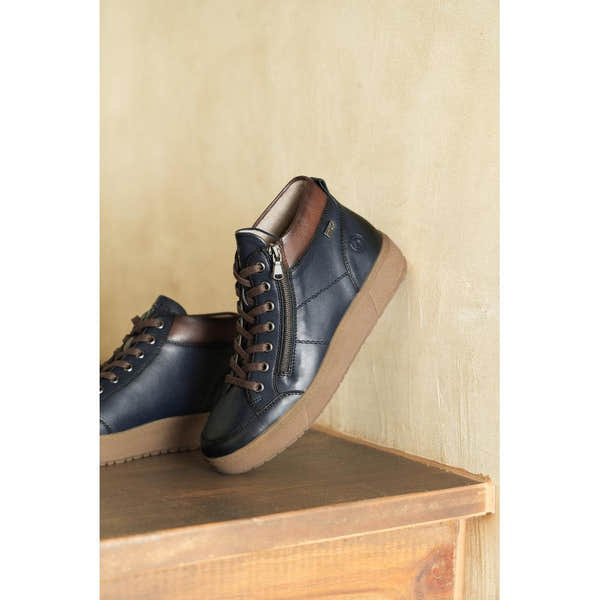 Remonte D2T70-14 women's navy leather water-resistant ankle boots with zip, lace-up design, and tan rubber soles.