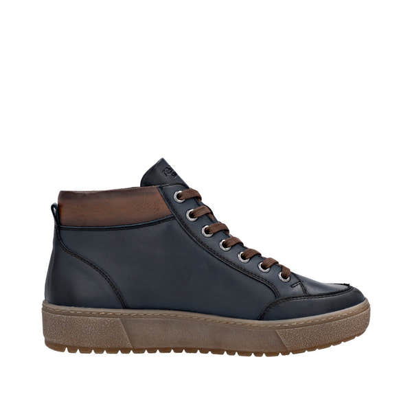 Remonte D2T70-14 women's navy leather ankle boots with water-resistant zip and lace closure, cushioned brown collar, and beige rubber sole.