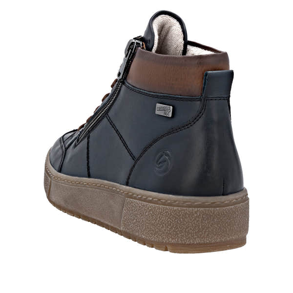 Remonte D2T70-14 women's navy leather ankle boots with water-resistant zip and lace closure, cushioned interior, and chunky sole.