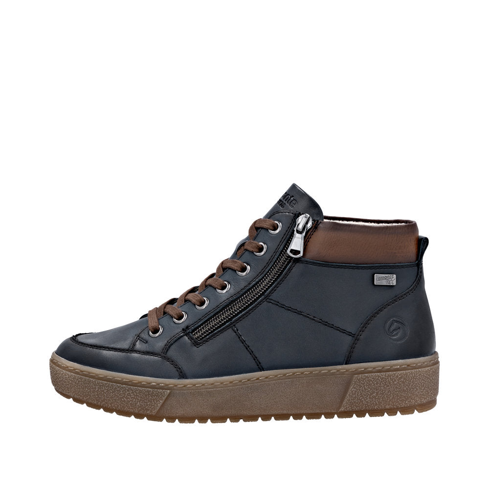Remonte D2T70-14 women's navy leather ankle boots with water resistance, lace-up design, side zipper, and brown collar.