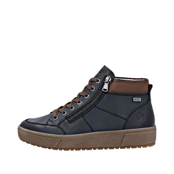 Remonte D2T70-14 women's navy leather ankle boots with water resistance, lace-up design, side zipper, and brown collar.