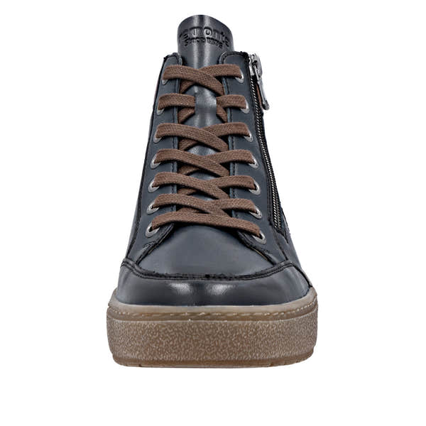 Remonte D2T70-14 women's wide navy leather ankle boots with water resistance, lace-up, side zipper, and chunky rubber sole.