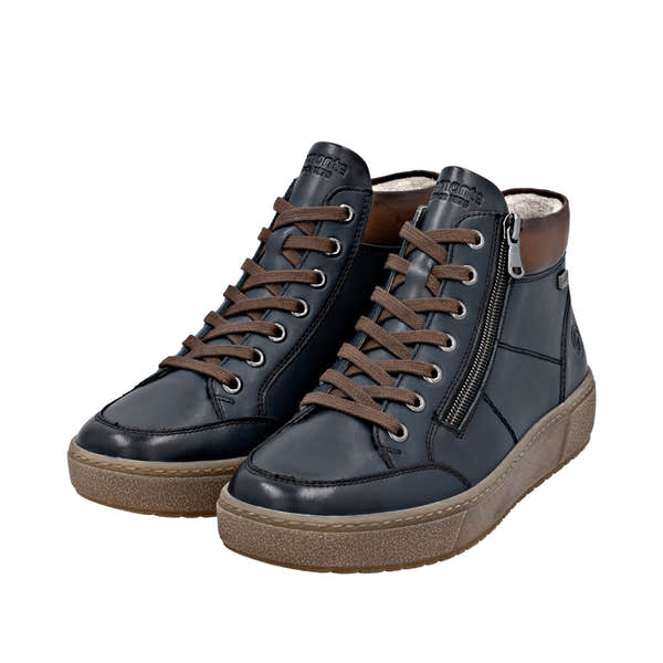 Remonte D2T70-14 women's navy leather water-resistant ankle boots with zip and lace closures, cushioned interior, and rubber sole.