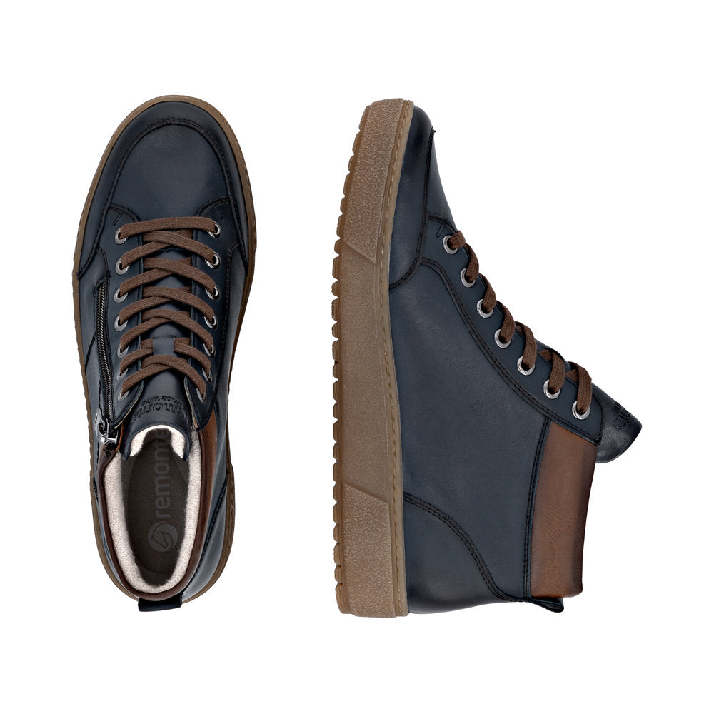 Remonte D2T70-14 women's navy leather ankle boots with water resistance, zipper, lace-up design, and brown cushioned sole.