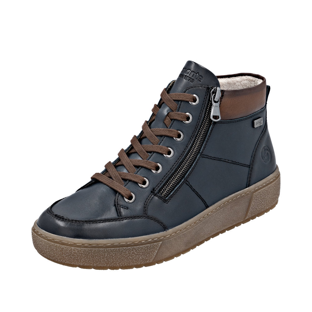 Remonte D2T70-14 women's navy leather ankle boots with water resistance, lace-up front, side zipper, and cushioned sole.