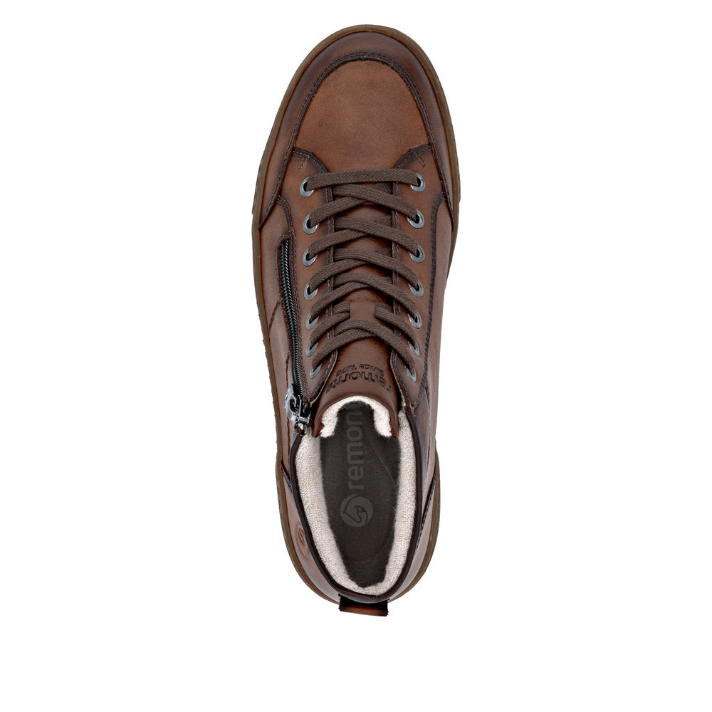 Remonte D2T70-24 women's brown leather water-resistant ankle boots with zip, lace-up front, and cozy lining.