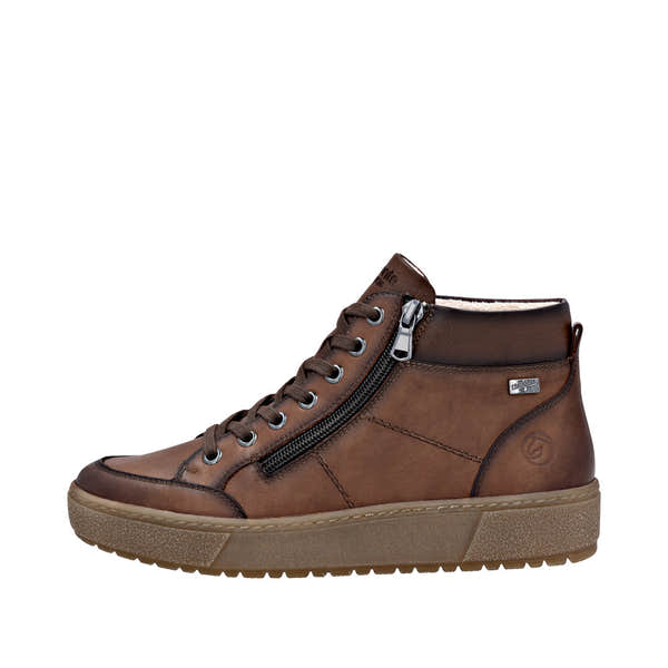 Remonte D2T70-24 women's wide brown leather ankle boots with water resistance, zip and lace-up closure, and a rubber sole.