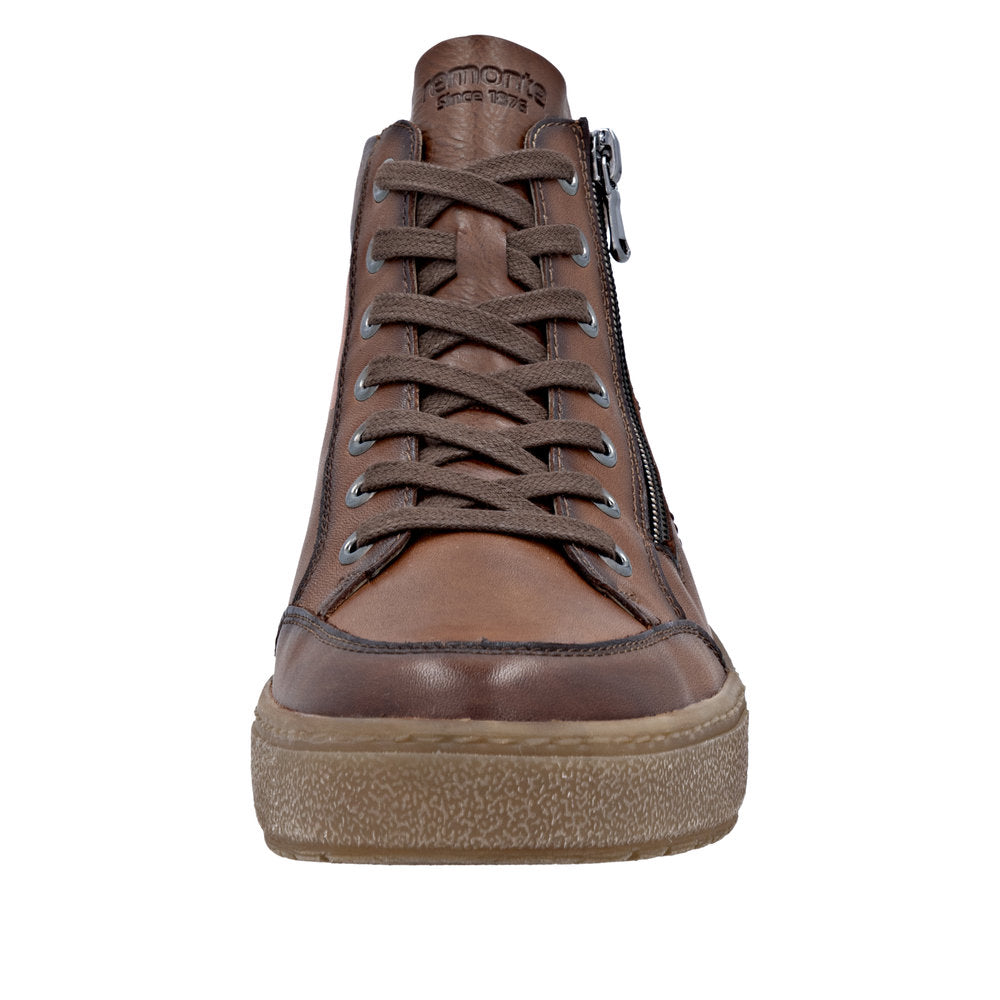 Remonte D2T70-24 women's wide brown leather ankle boots with water resistance, lace-up design, and side zipper.