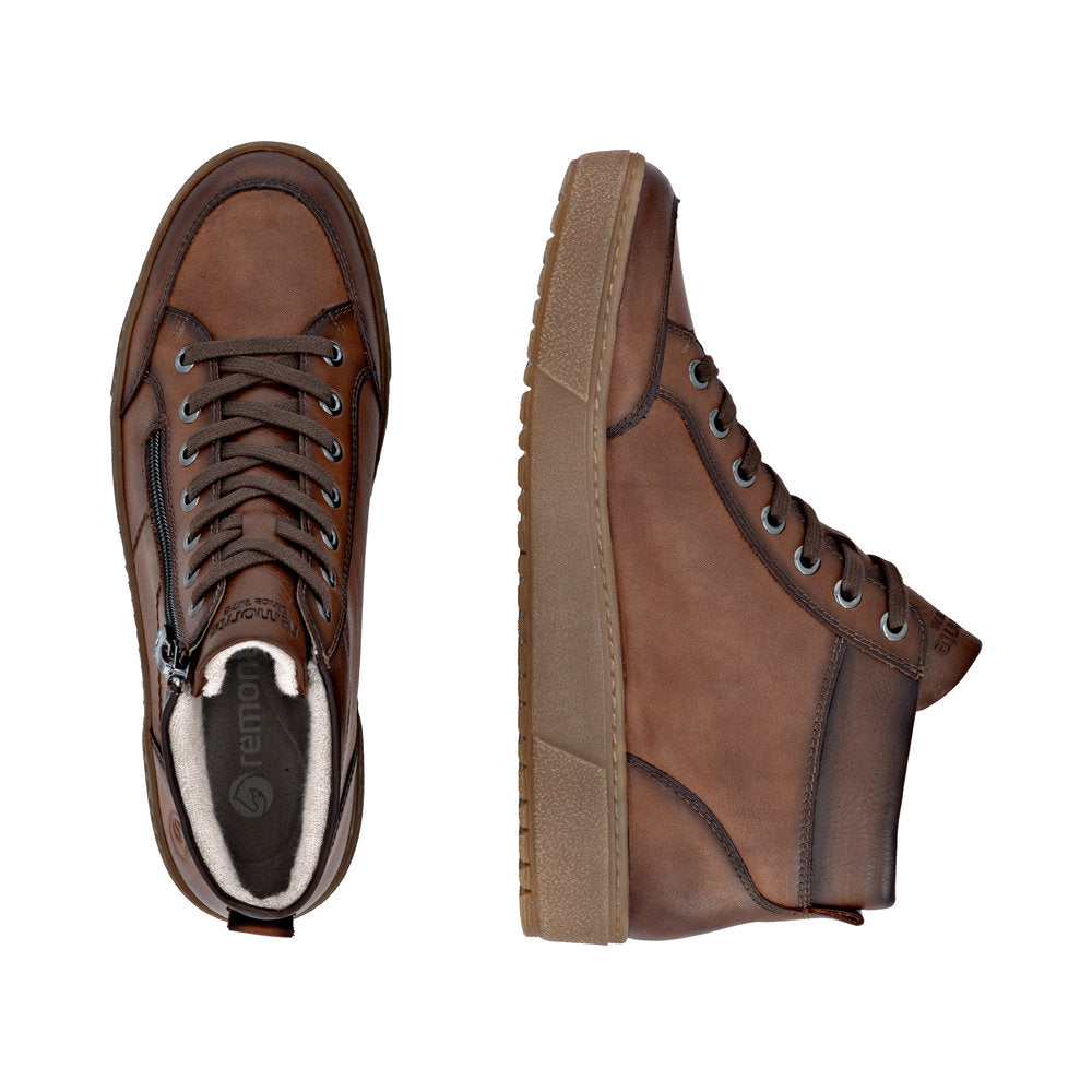 Remonte D2T70-24 women's wide brown leather water-resistant ankle boots with zip and lace closure, chunky sole, and stylish design.