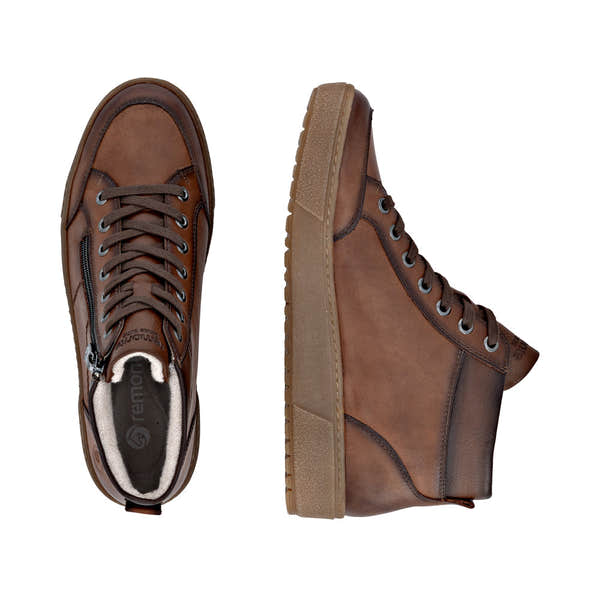 Remonte D2T70-24 women's wide brown leather water-resistant ankle boots with zip and lace closure, chunky sole, and stylish design.