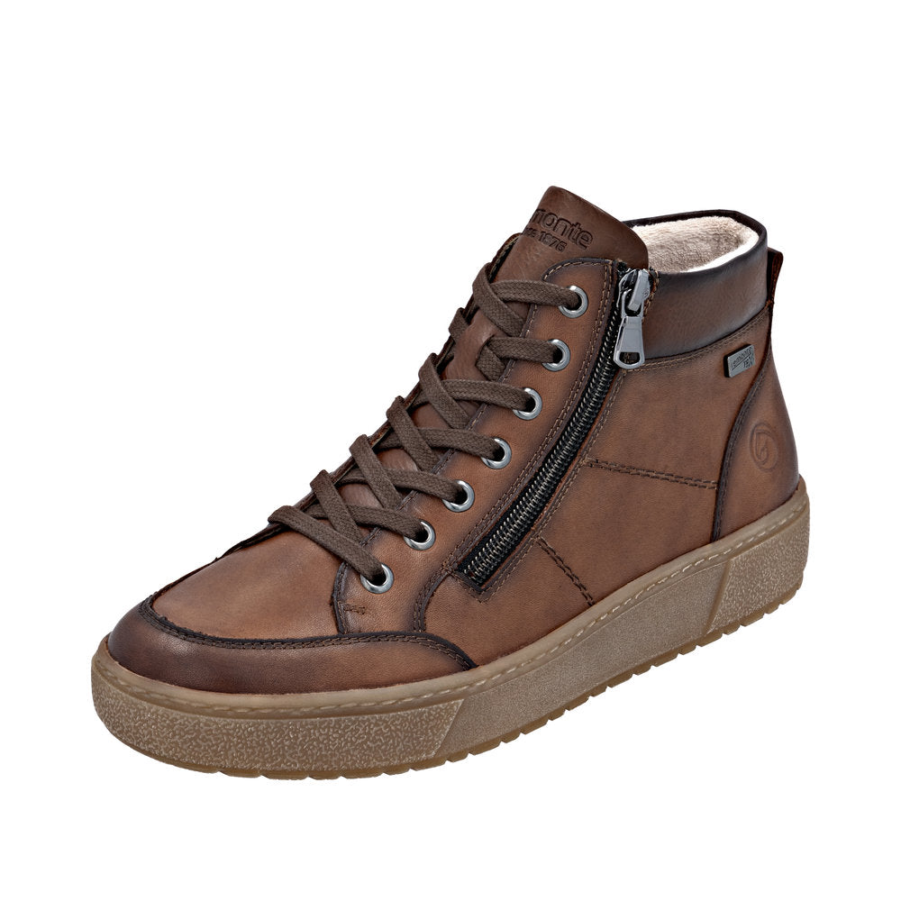 Remonte D2T70-24 women's wide brown leather water-resistant ankle boots with lace-up front and side zipper.