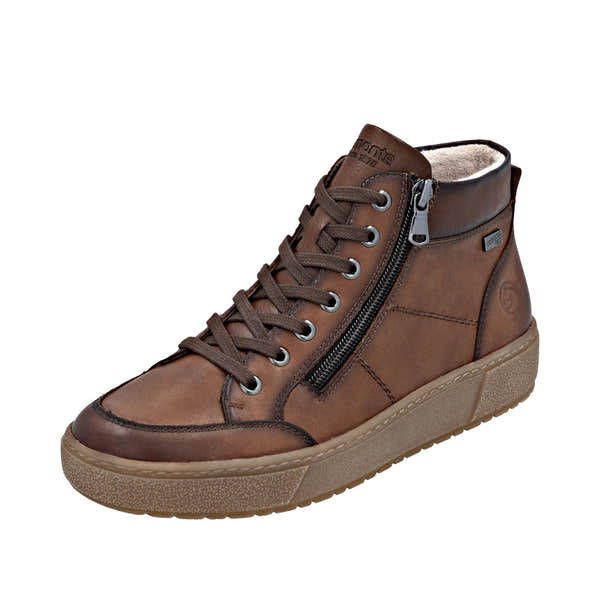Remonte D2T70-24 women's wide brown leather water-resistant ankle boots with lace-up front and side zipper.