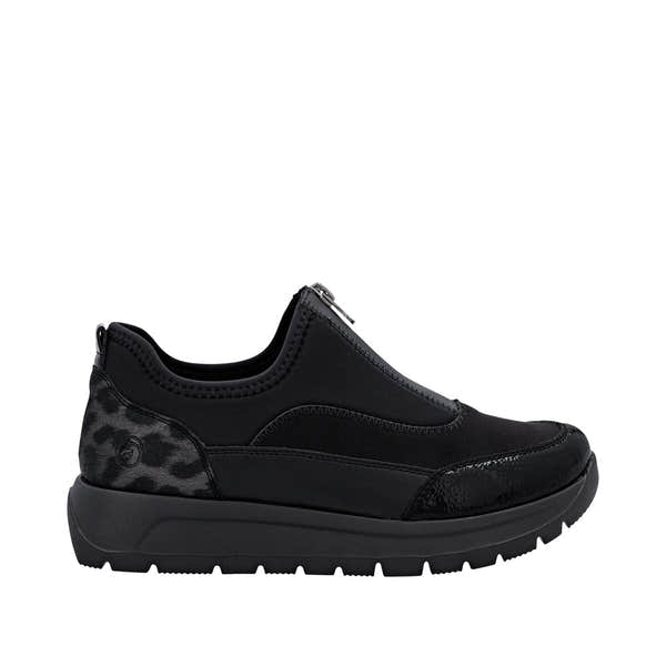 Remonte D2V01-04 women's wide black vegan textile front zip shoes with stylish leopard accents and chunky sole.
