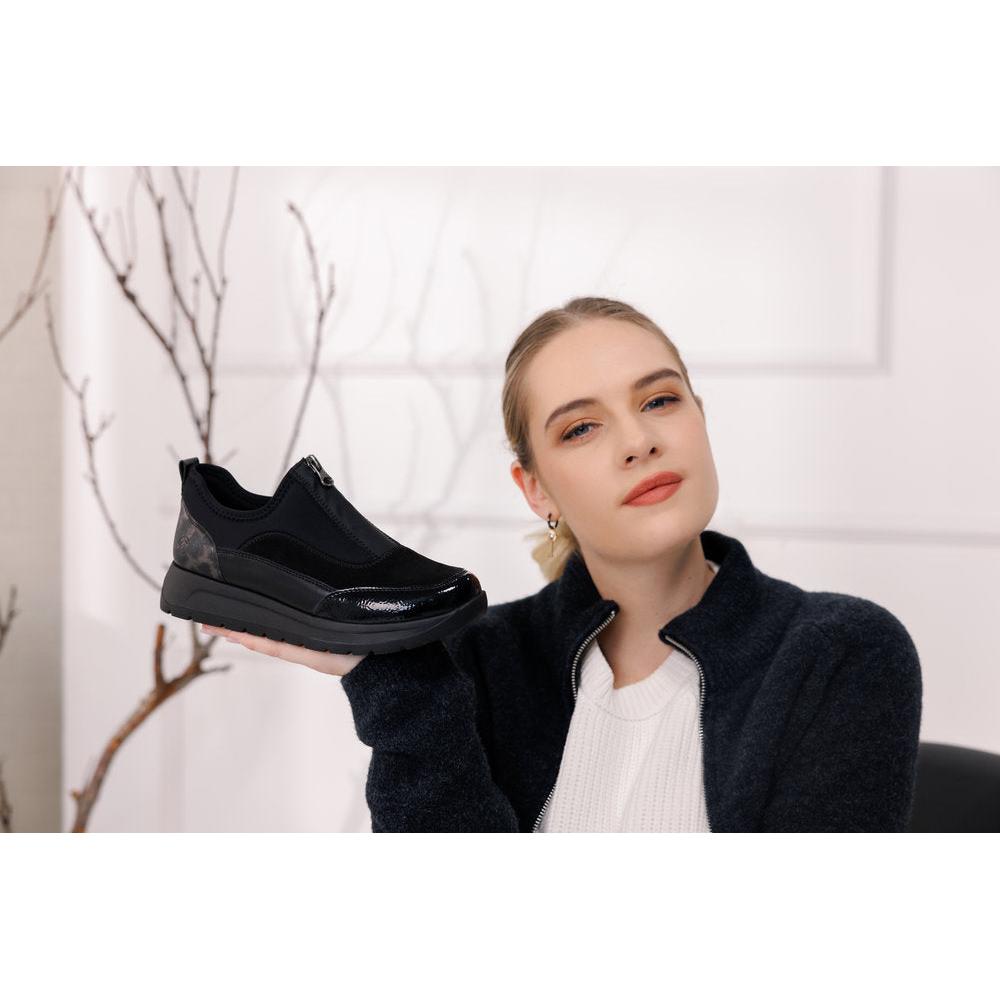 Remonte D2V01-04 women's wide black textile vegan front zip shoes, stylish and comfortable footwear with glossy accents.