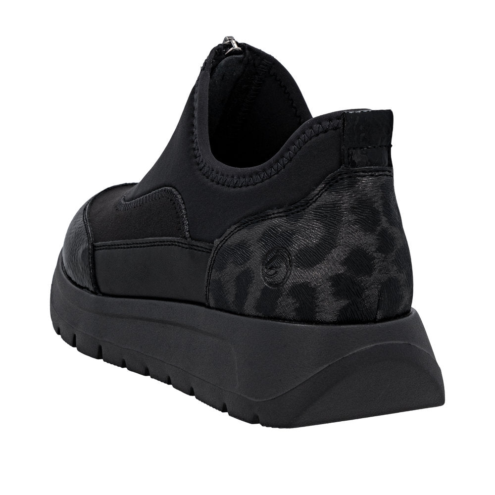 Remonte D2V01-04 women's wide black vegan textile shoes with front zip and chunky sole.