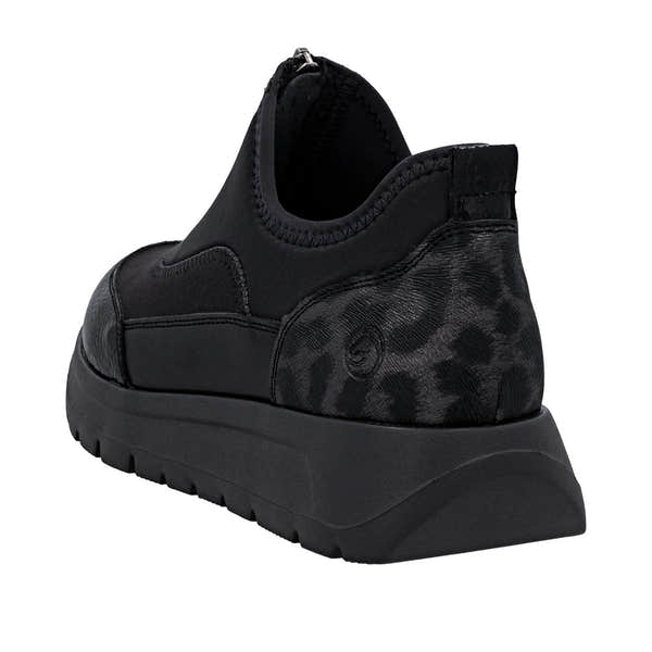 Remonte D2V01-04 women's wide black vegan textile shoes with front zip and chunky sole.