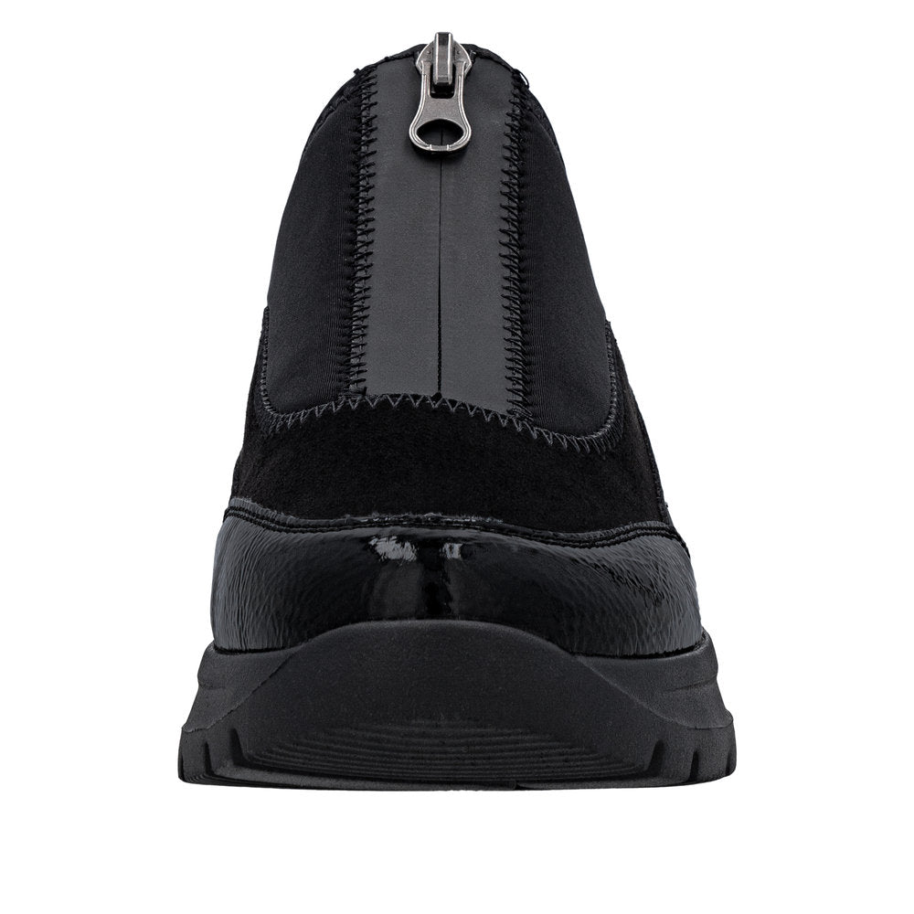 Remonte D2V01-04 women's wide black vegan textile shoes with front zip, slip-on design, and chunky sole.