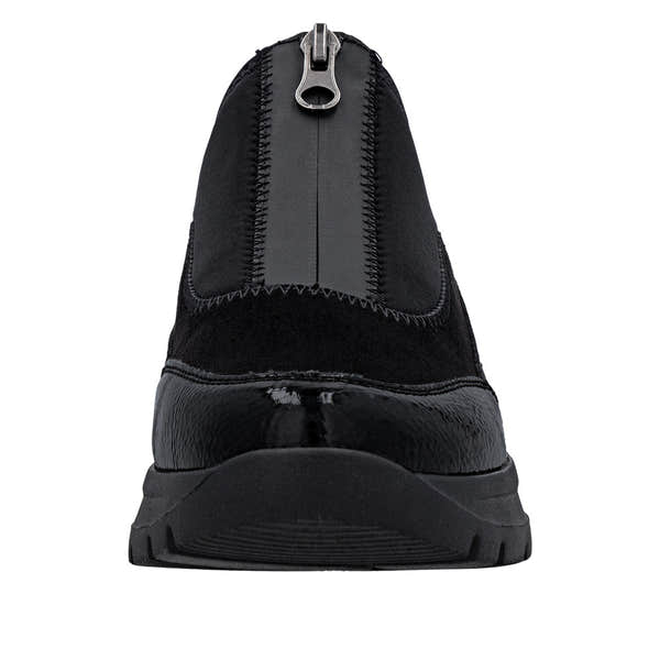 Remonte D2V01-04 women's wide black vegan textile shoes with front zip, slip-on design, and chunky sole.