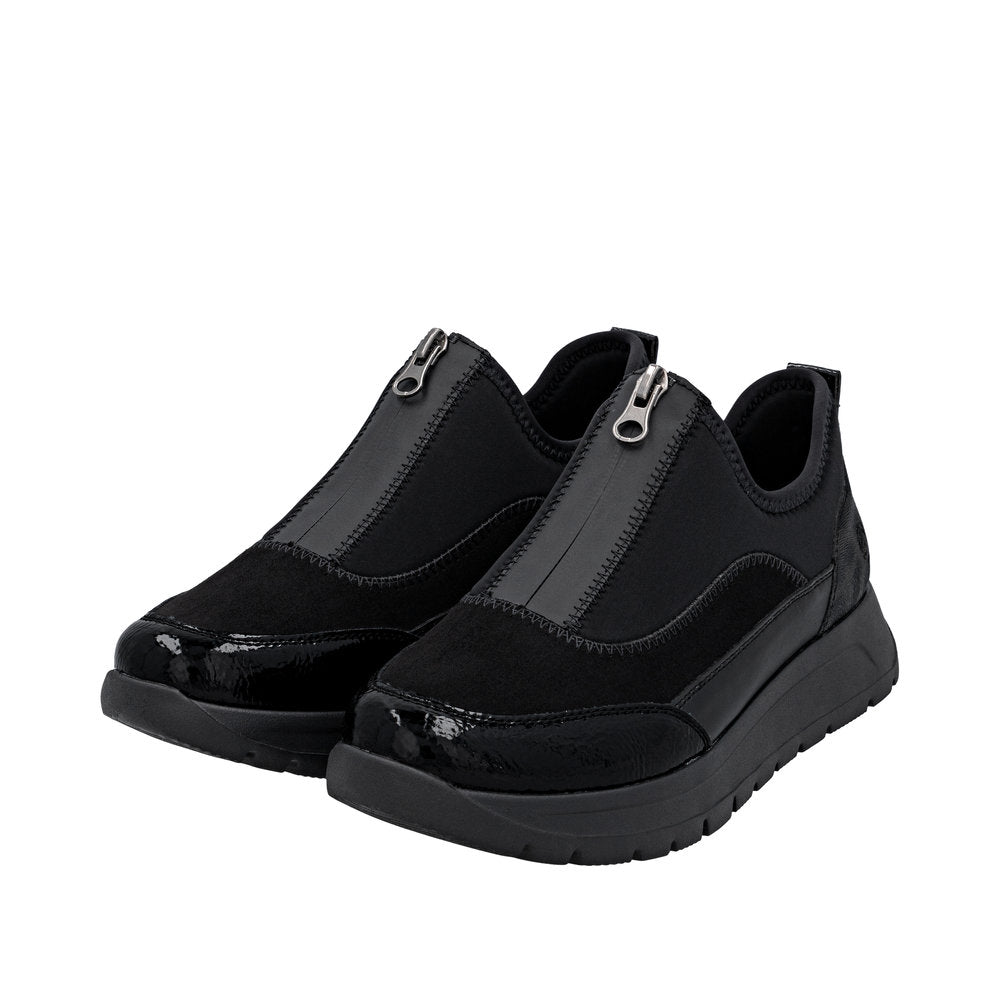 Remonte D2V01-04 women's wide black vegan textile shoes with front zip, slip-on design, and chunky sole.