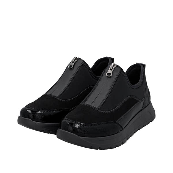 Remonte D2V01-04 women's wide black vegan textile shoes with front zip, slip-on design, and chunky sole.