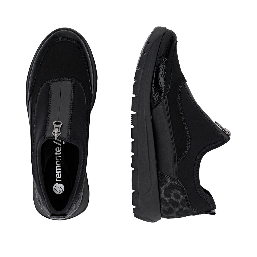 Remonte D2V01-04 women's wide black textile vegan front zip shoes with chunky sole and sleek design.