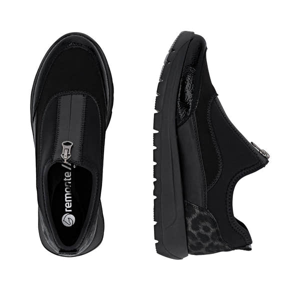 Remonte D2V01-04 women's wide black textile vegan front zip shoes with chunky sole and sleek design.