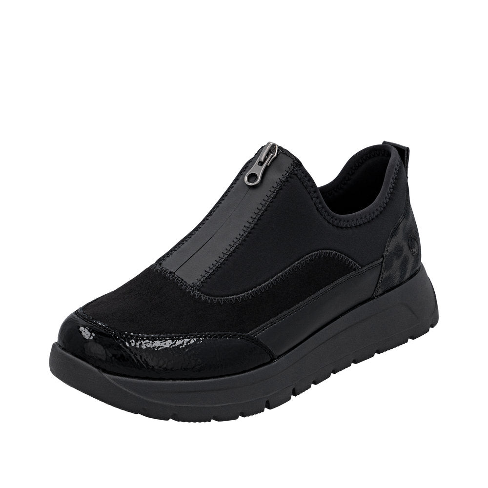 Remonte D2V01-04 women's wide black textile vegan shoes with front zipper, slip-on design, cushioned sole, and stylish sporty look.