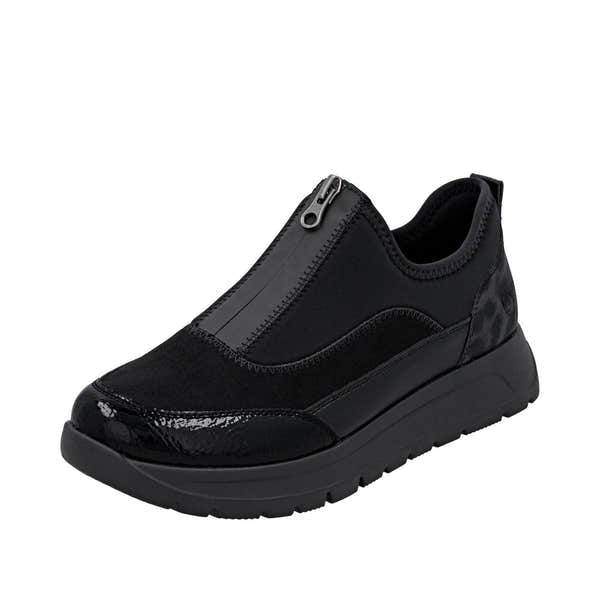 Remonte D2V01-04 women's wide black textile vegan shoes with front zipper, slip-on design, cushioned sole, and stylish sporty look.