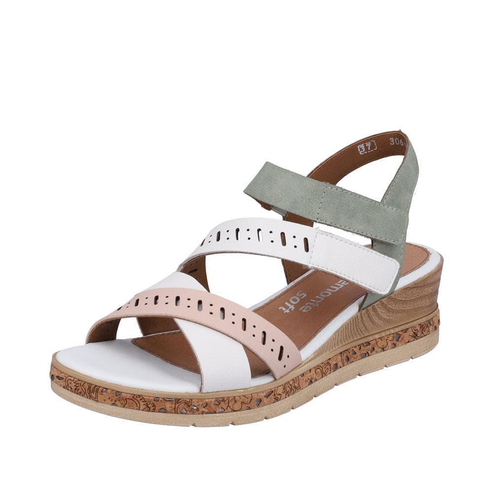 Remonte D3064-80 Ladies White, Pink & Green Leather & Textile Touch Fastening Sandals-elevate your sole