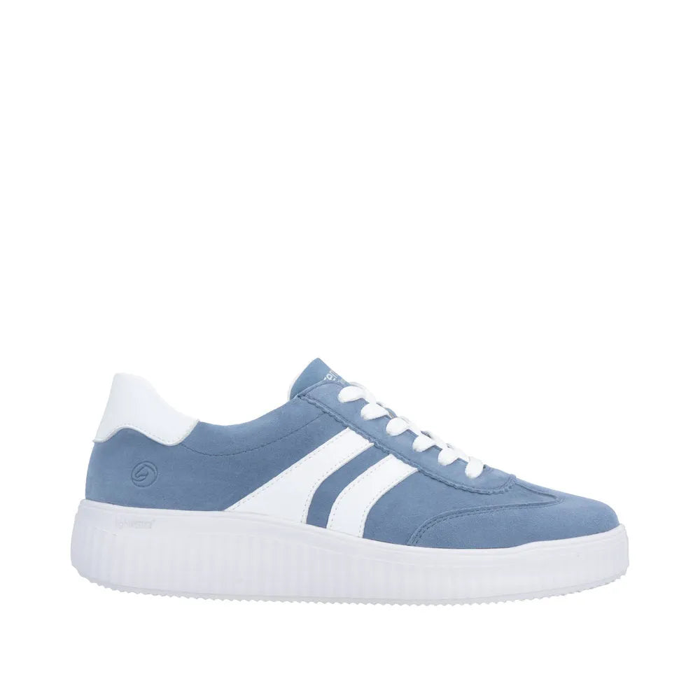 Blue suede lace-up shoe with white accents, casual style, thick white sole, and padded heel collar.