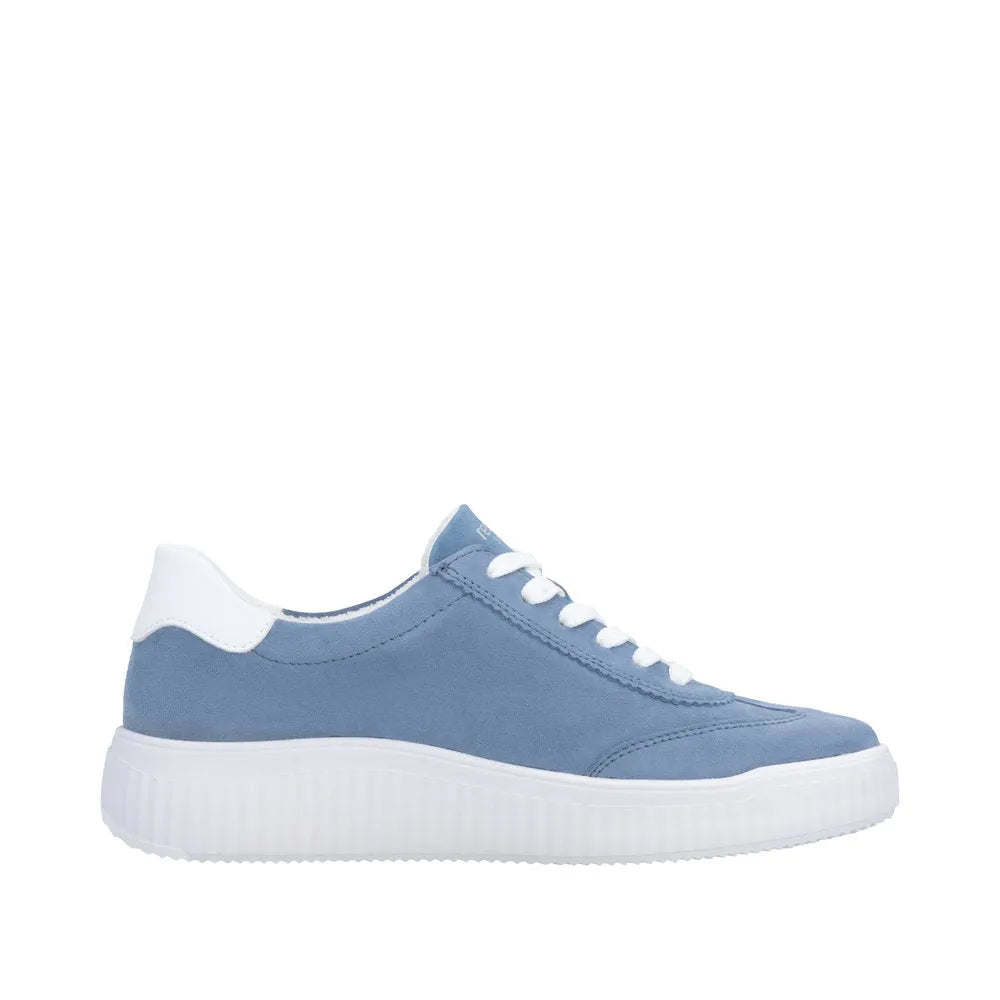 Blue suede women's lace-up shoes with a wide fit and white sole, accented with white heel detail.