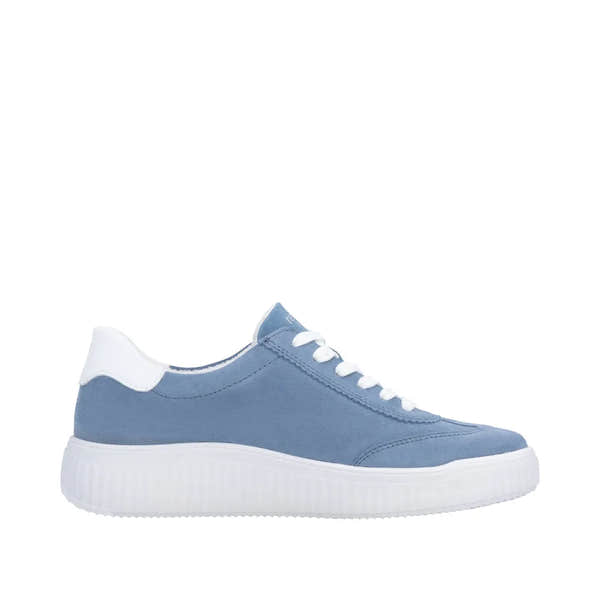 Blue suede women's lace-up shoes with a wide fit and white sole, accented with white heel detail.