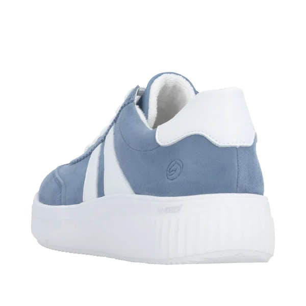 Remonte ladies wide fit blue suede lace-up sneaker with white accents and a thick white rubber sole.