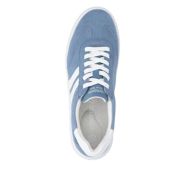 Blue suede women's wide lace-up sneaker with white accents and a thick rubber sole.